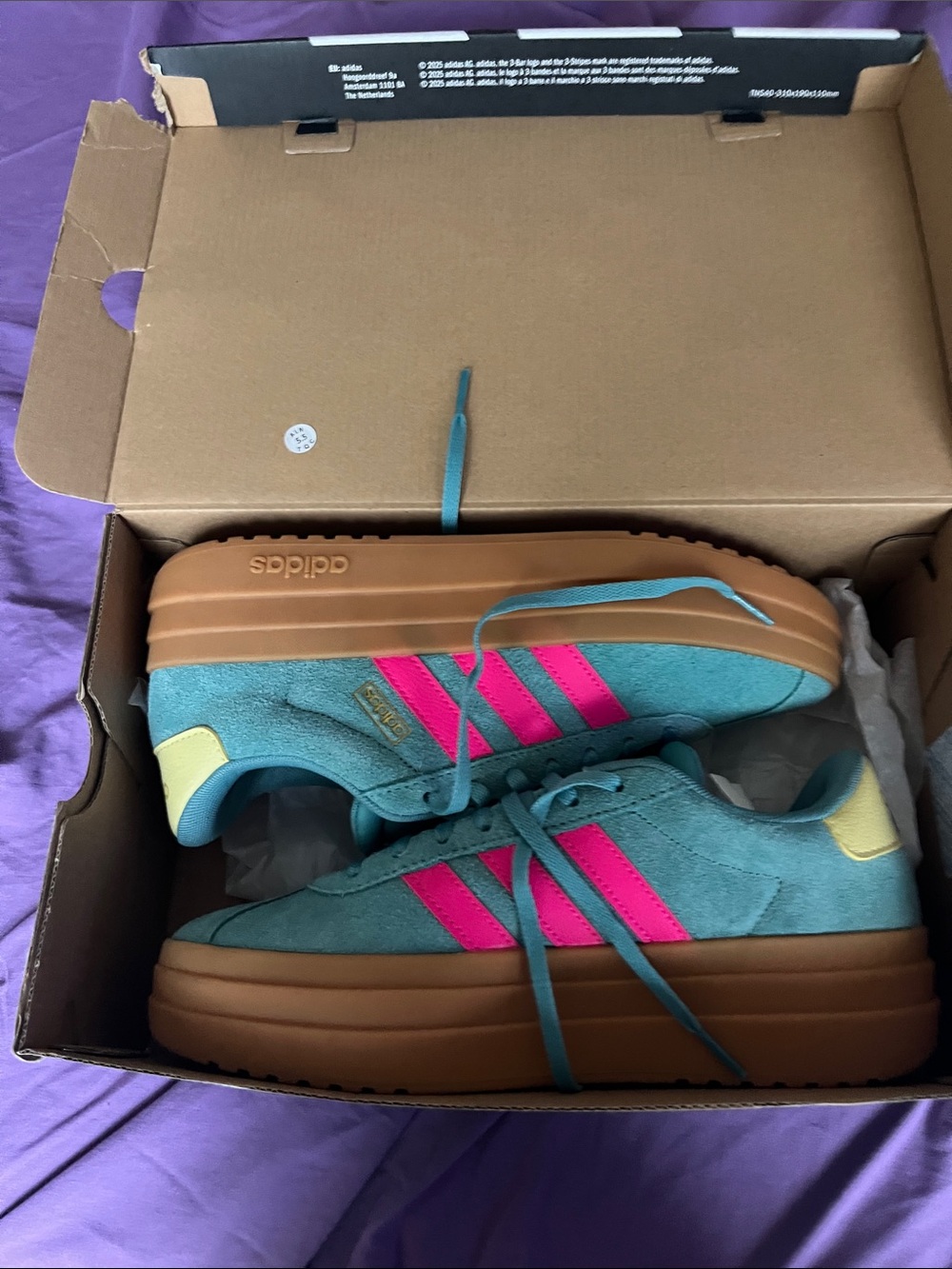 adidas VL Court Bold J Teal Suede Platform Sneakers with Pink Stripes & Gum Sole - Picture 3 of 6